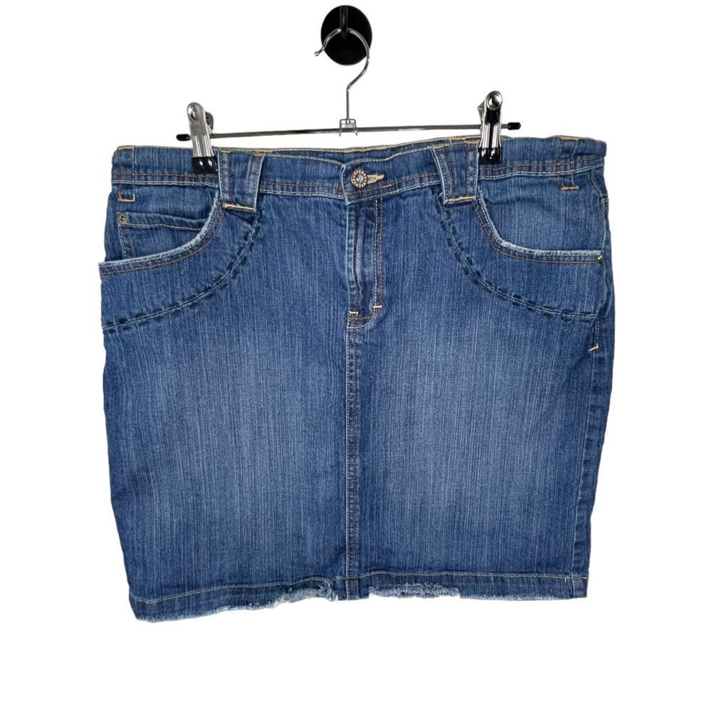 Axcess Medium Wash Denim Skirt With Distressed Hem
